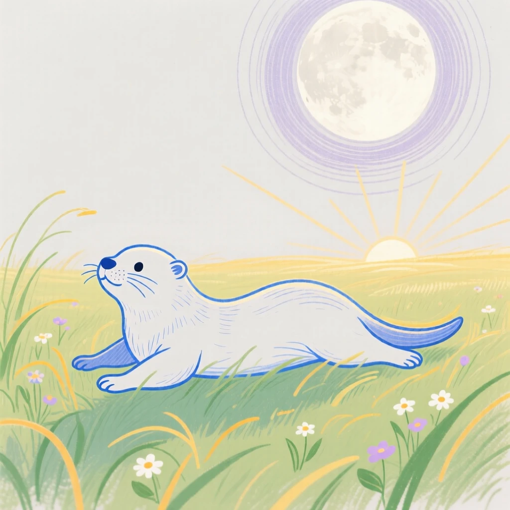 A baby otter stretching in the morning light in a sunlit meadow under a full moon.