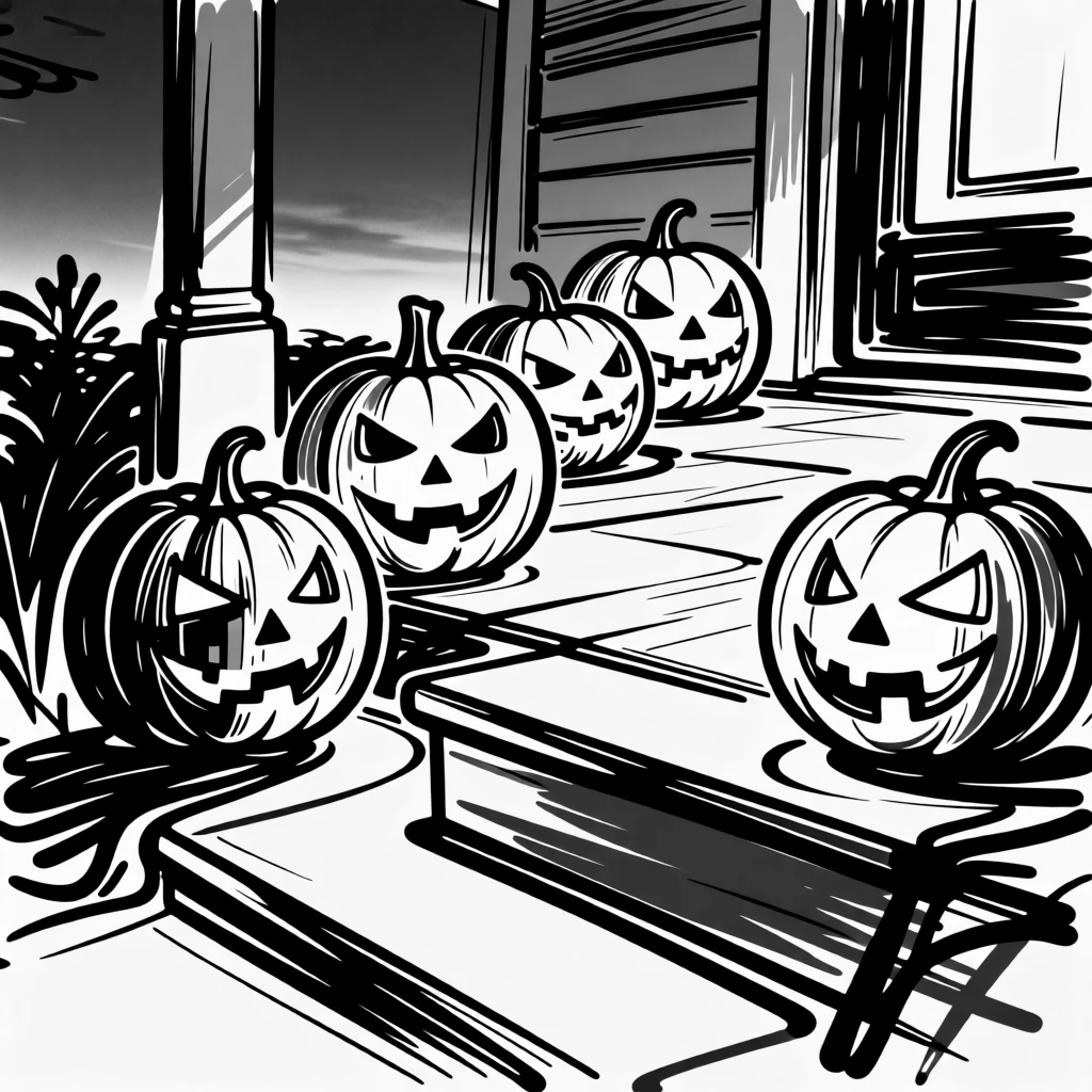 A row of jack-o'-lanterns glowing on a porch step at dusk.
