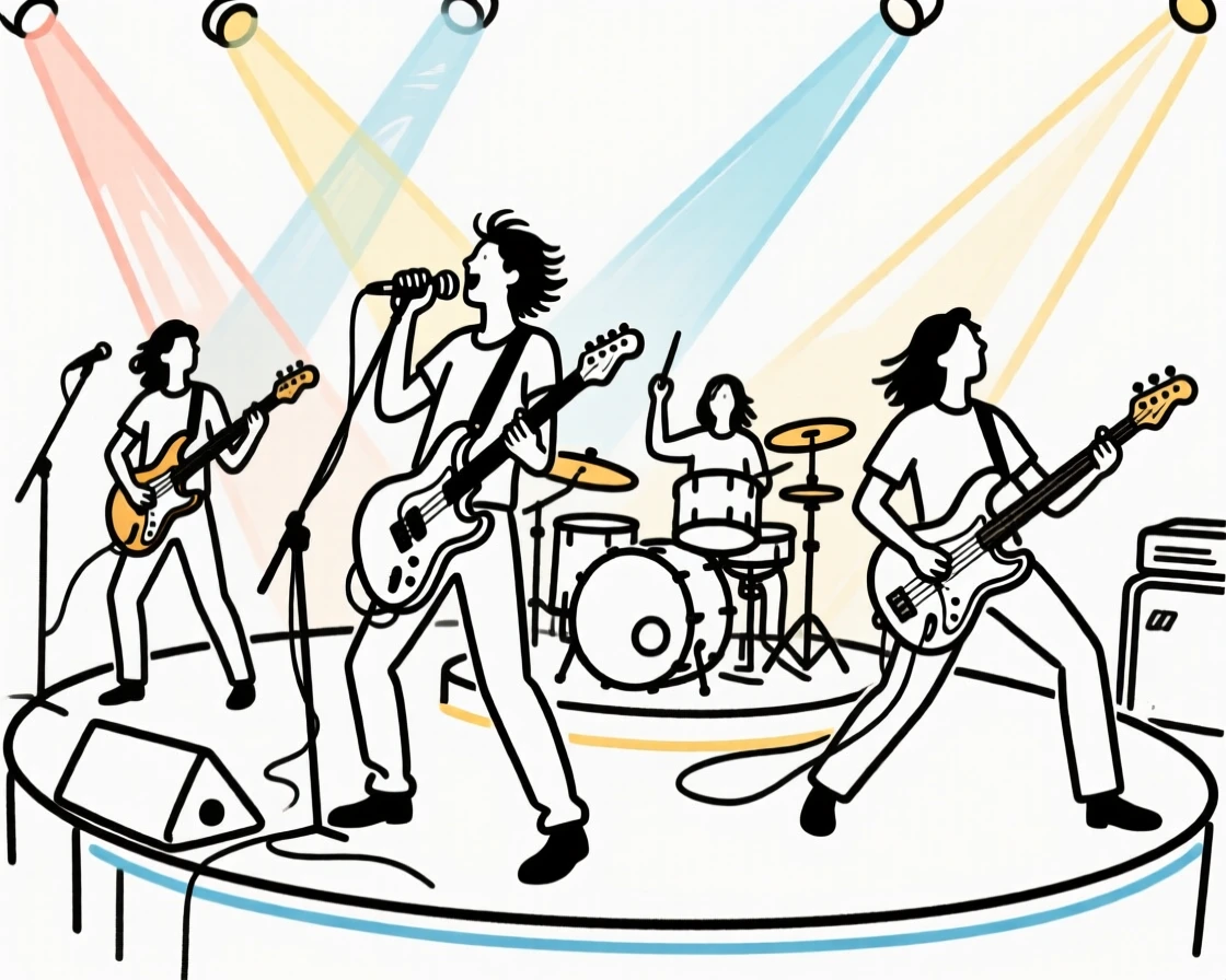 A rock band performing energetically on a concert stage with lights.