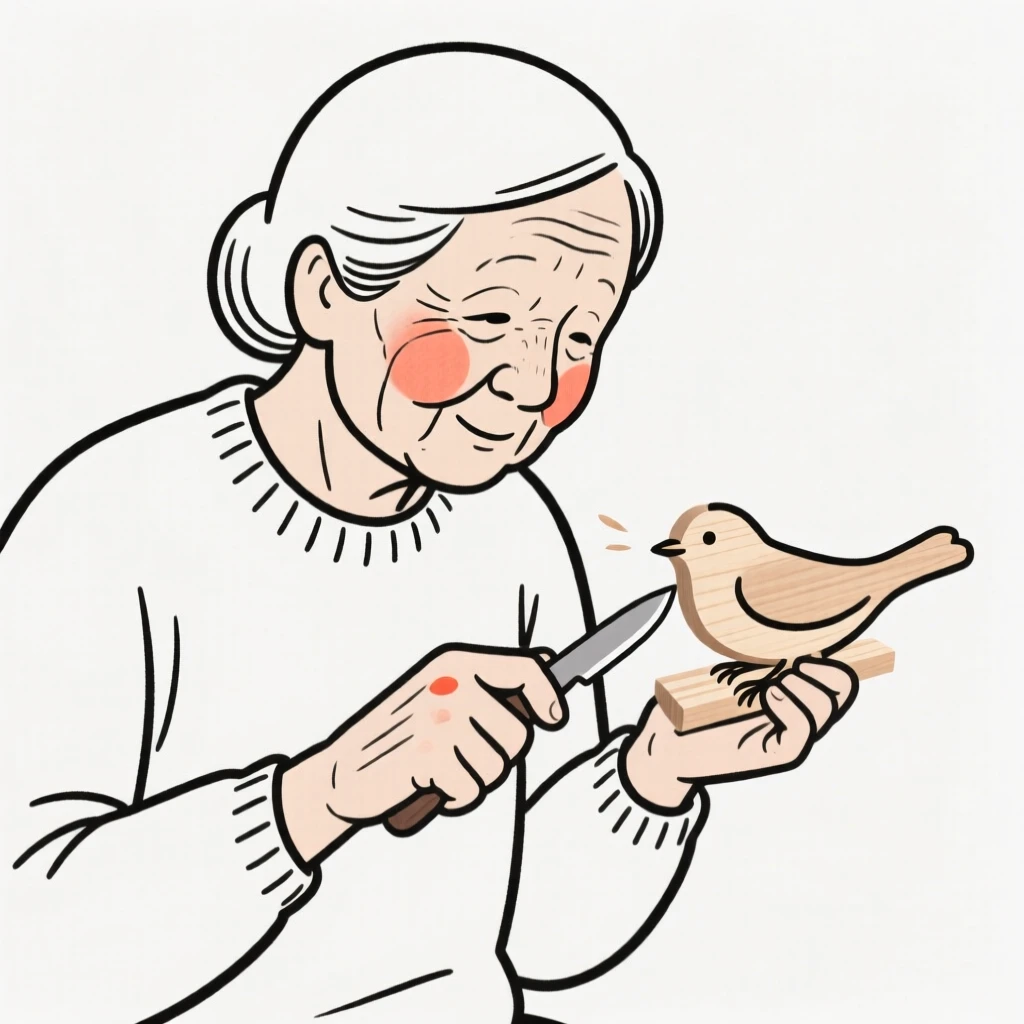An elderly woman whittling a small wooden bird.