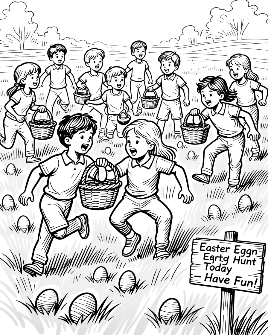 A festive Easter egg hunt taking place across a sunny green lawn.