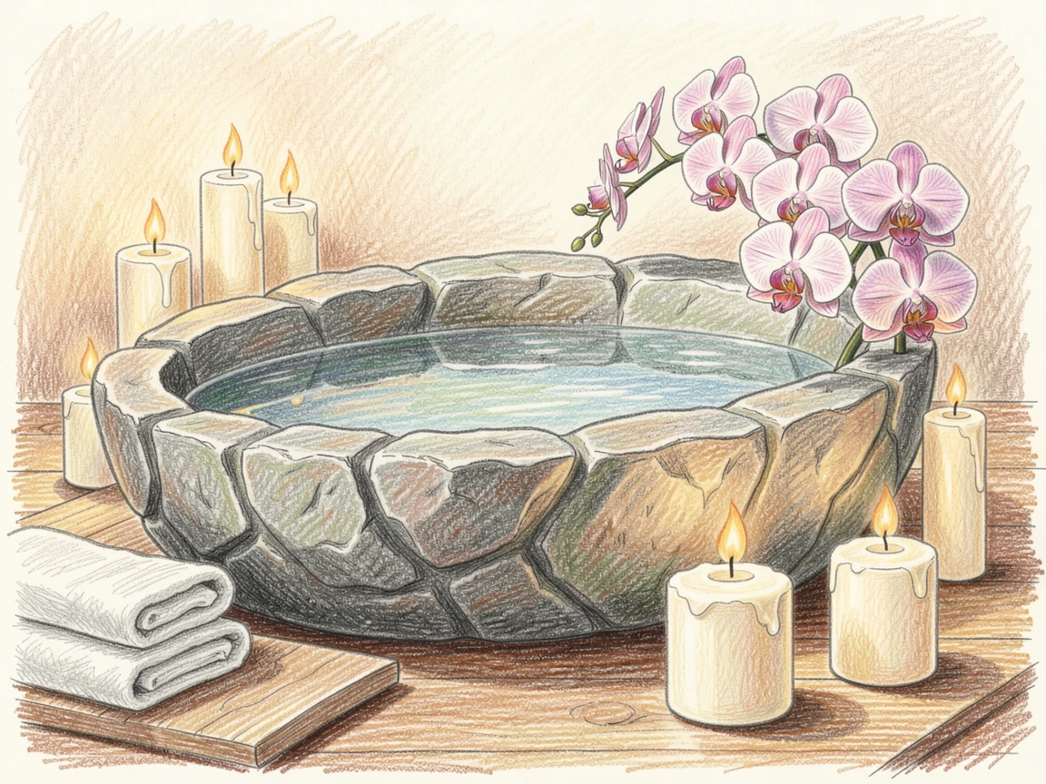 A quiet spa scene with candles and orchids beside a stone bath, with rich, inviting textures throughout the scene, designed to feel inviting, memorable, and shareable.