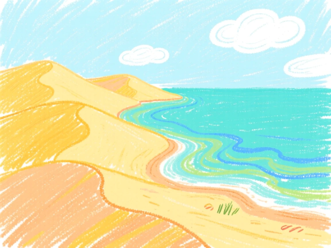 Golden dunes rolling toward a calm turquoise sea.