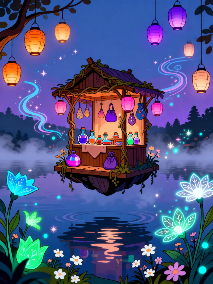 A floating fairy market glowing with lanterns above a misty lake, surrounded by glowing flowers and luminescent plants, framed to capture both grandeur and delicate magical detail, with subtle magical particles drifting through the air.