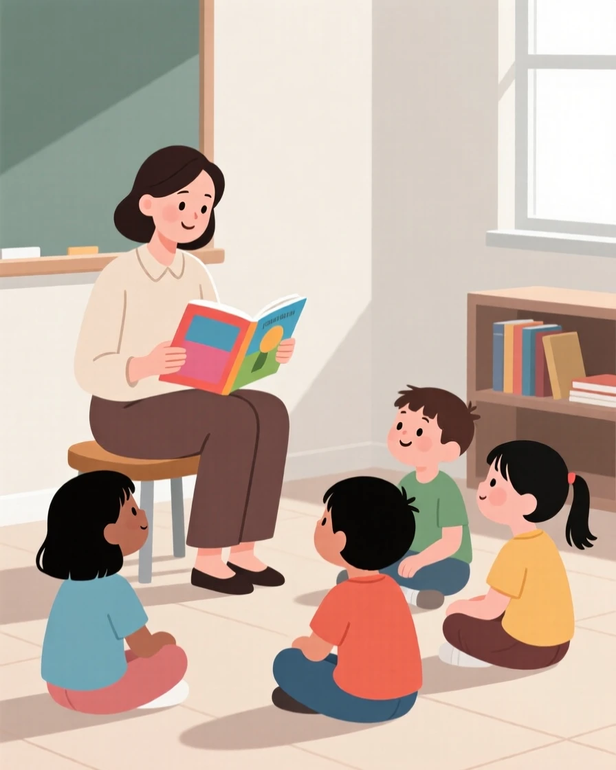 A teacher reading a story aloud to a group of attentive children.