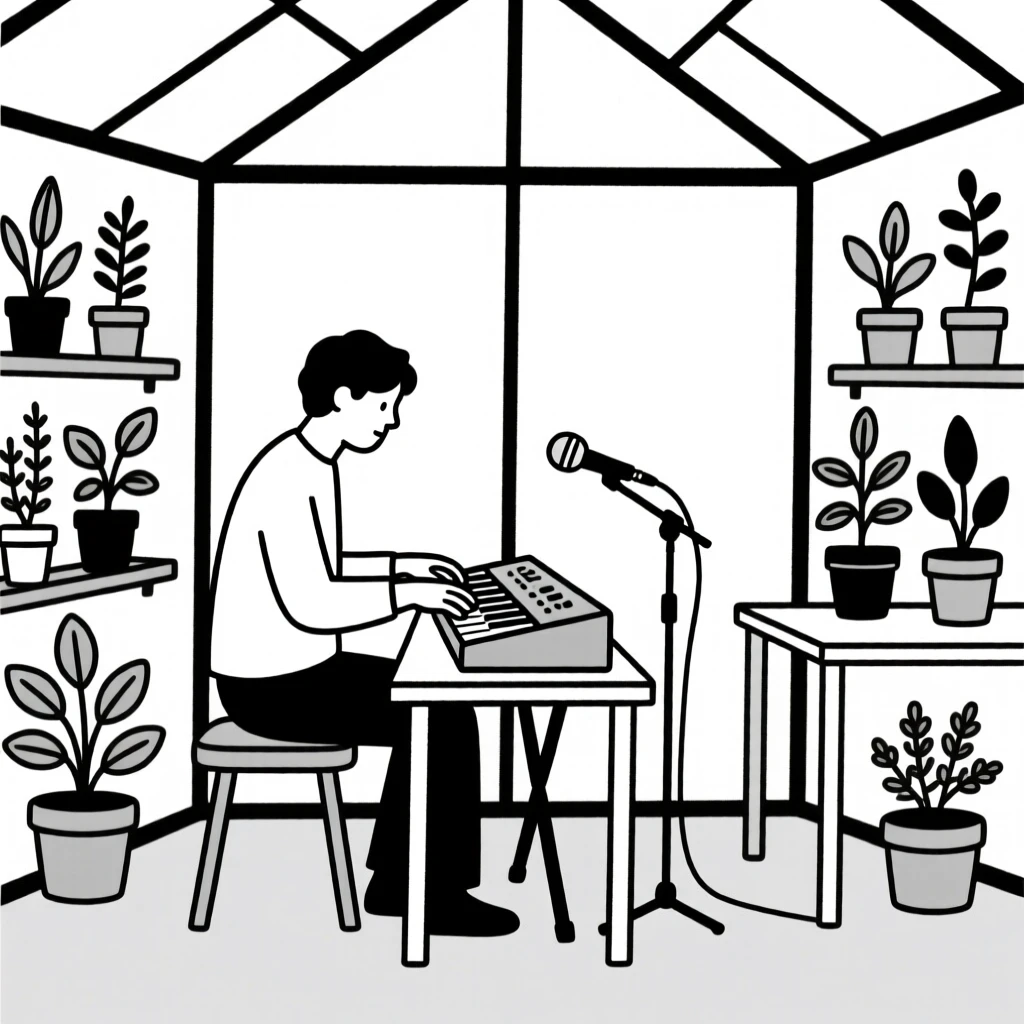 A focused musician in a studio working at a greenhouse nursery, surrounded by fresh ingredients, expressing creative problem-solving.