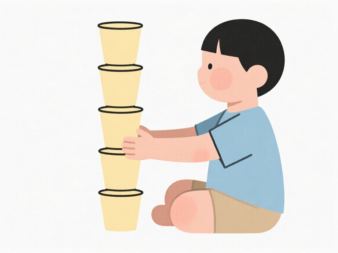 A young child stacking a tower of cups