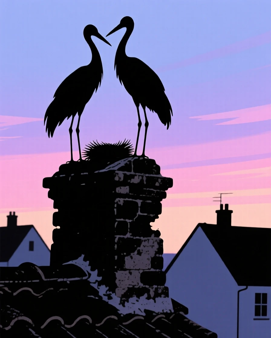 A pair of storks nesting atop an old chimney in a quiet village.