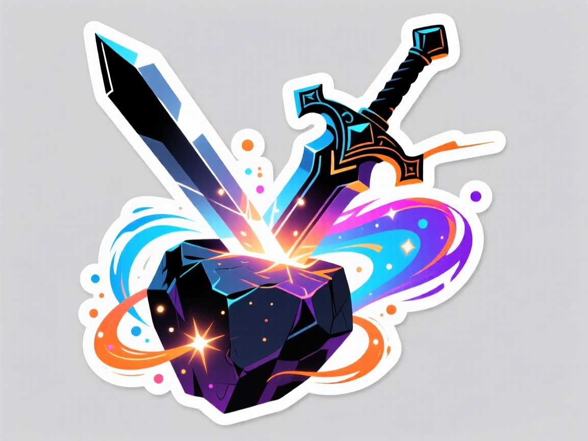 A confidently cool legendary sword stuck in a glowing stone, surrounded by glowing special effects, in a scene bursting with energy and color.