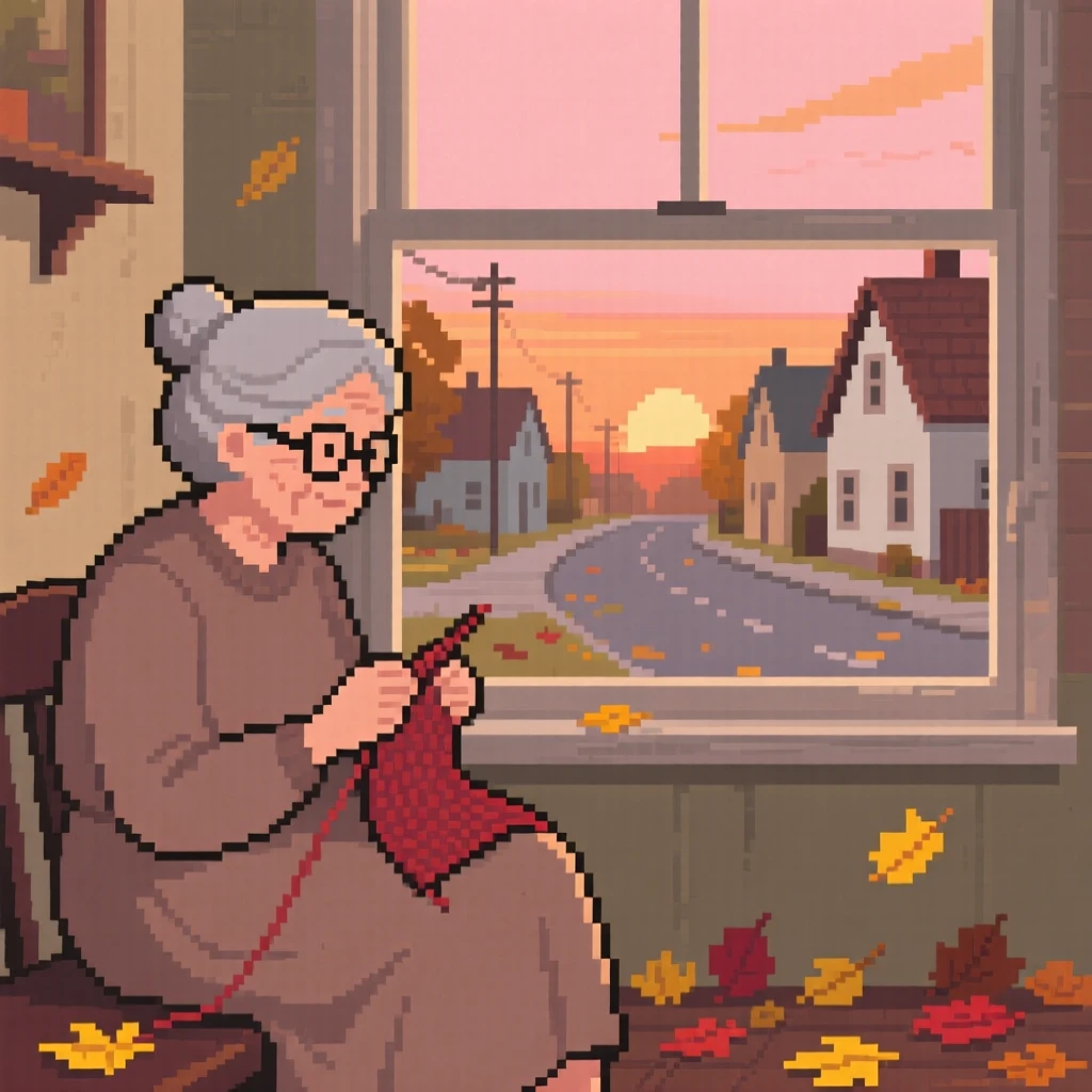 A grandmother knitting by the window surrounded by fallen leaves on a quiet street, in a small countryside town at sunset.