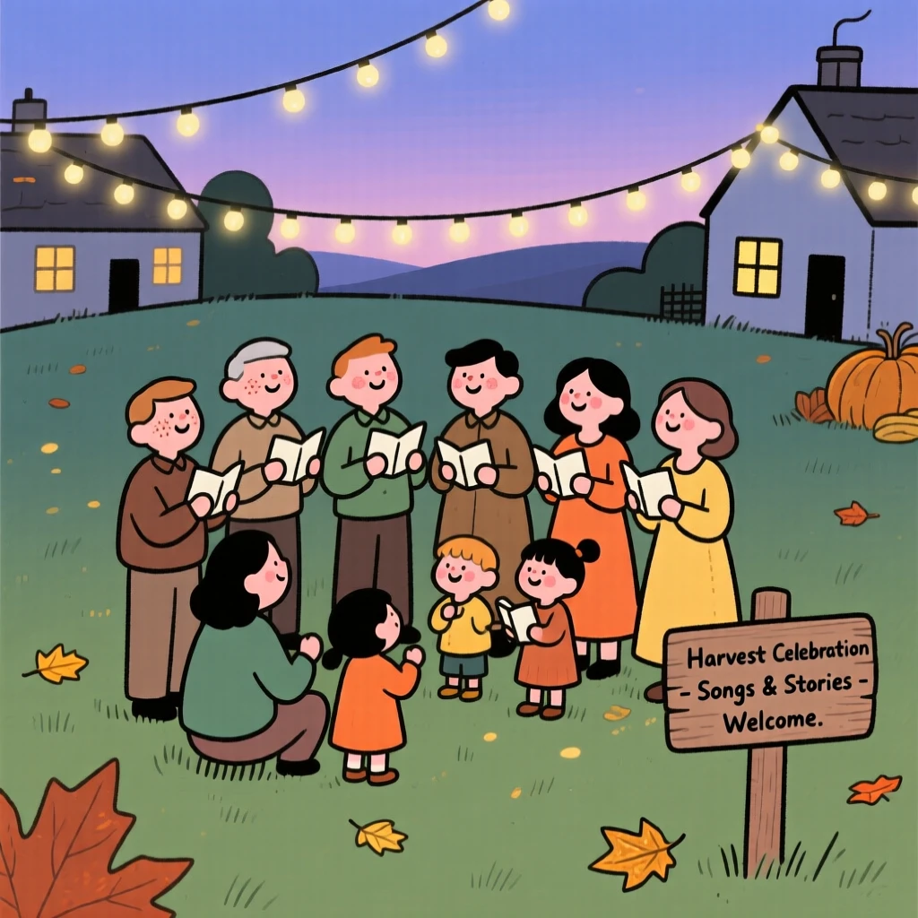 A community gathers in the village green for a harvest celebration, singing old songs beneath strings of fairy lights as evening falls.