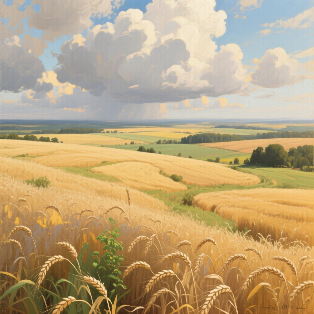 A bird's-eye view of a vast wheat prairie under a dramatic sky filled with towering clouds, at the start of a humid summer, in the interwar years.