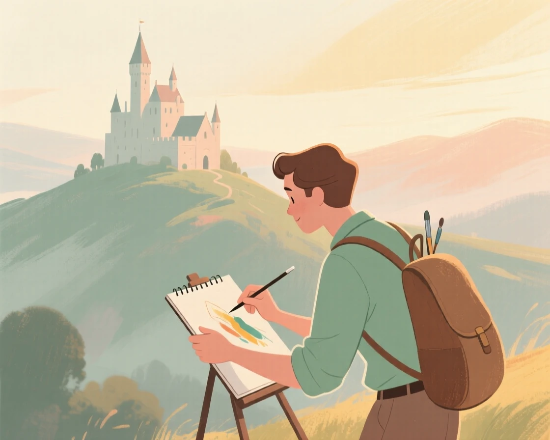 A traveler sketching a distant castle from a hilltop vantage point