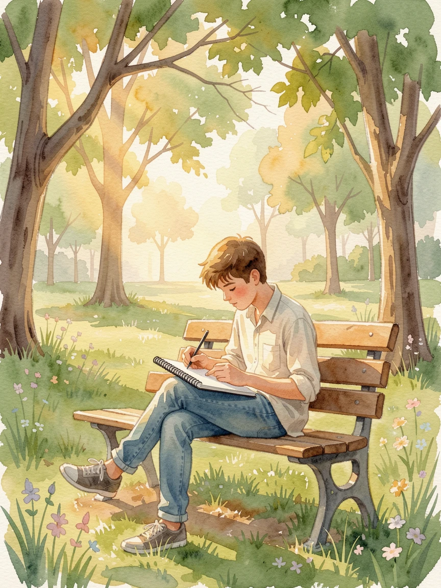 A young artist sketching in a park as the golden afternoon light filters through nearby trees.