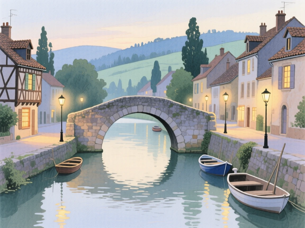 A picturesque view of a French countryside village with a stone bridge arching over a canal, as evening lights begin to glow