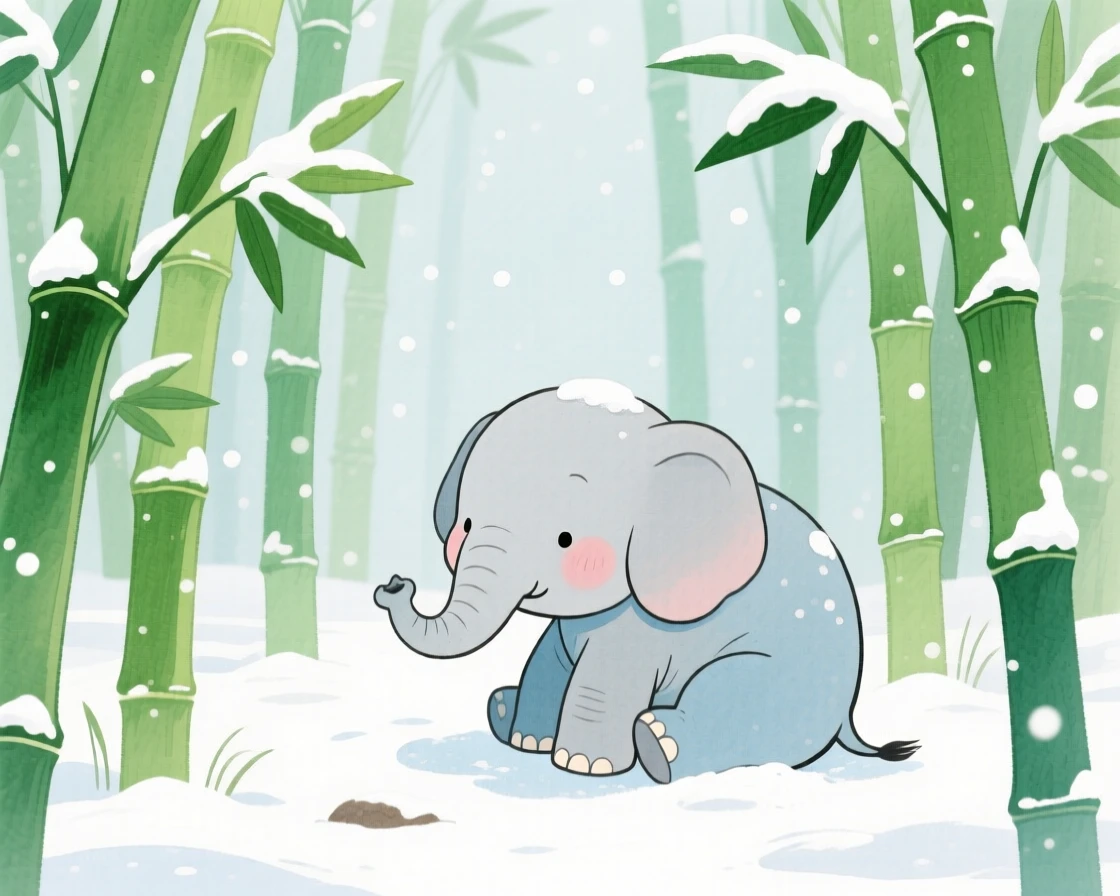 A wobbly baby elephant resting peacefully in a bamboo grove in the first snow of winter.