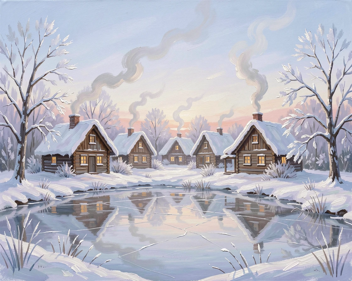 A snow-covered village with smoke curling from chimneys, beside a frozen pond ringed with frosted trees, smoke curling steadily from every chimney, beneath a pale winter sun low on the horizon.