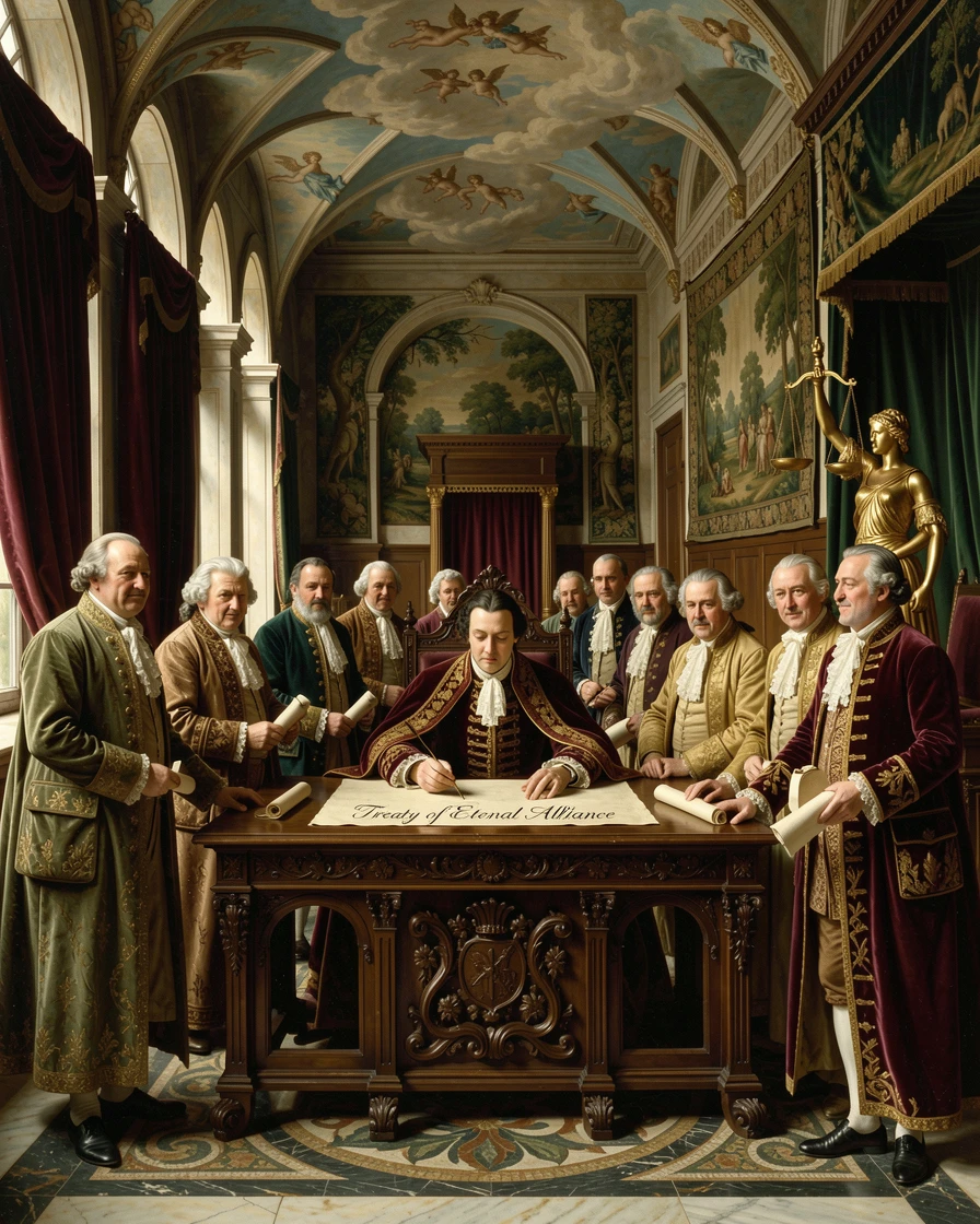 A monarch signs a treaty surrounded by advisors in a grand hall.