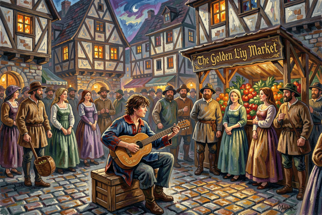 A wandering minstrel playing a lute in a crowded medieval town square.