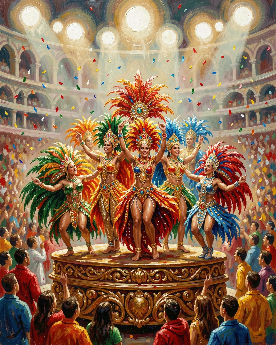 The Rio Carnival's Sambadrome bursts with color as elaborately costumed performers dance atop an ornate parade float beneath dazzling lights, small traditional details in costume and decoration rewarding a closer look.