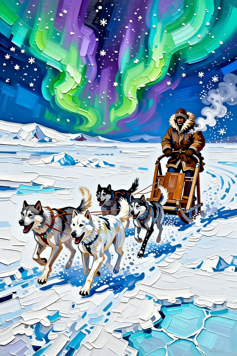 A dog sled team racing across a frozen tundra beneath the northern lights