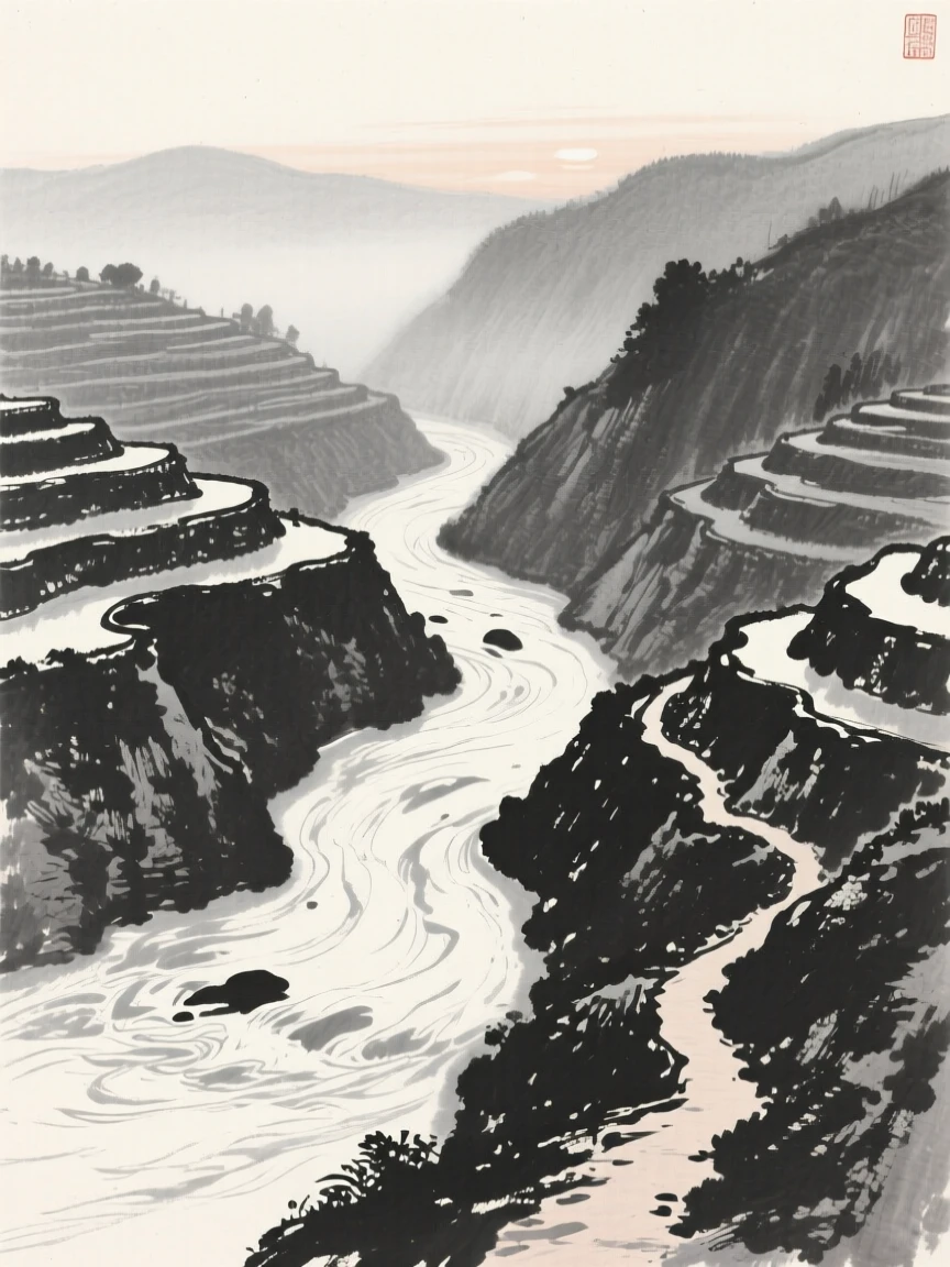A winding river cutting through a deep, terraced valley at first light, when the world is still hushed and grey, captured from a narrow path winding into the depth of the scene, conveying calm reflection and gentle isolation.
