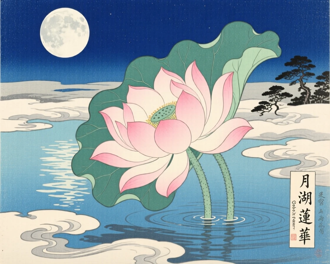 A giant lotus flower blooming atop a moonlit lake, suspended high above the clouds.