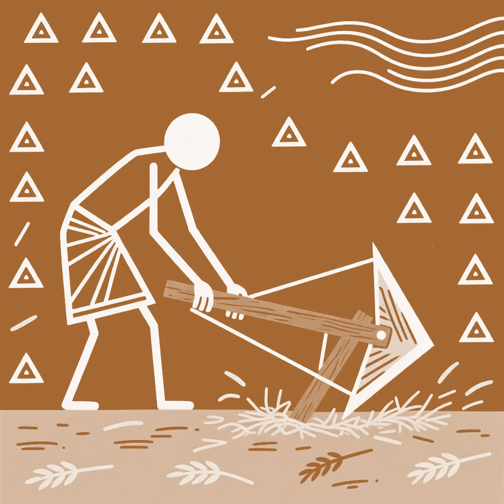 A farmer repairing a wooden plow separating grain from chaff in the afternoon breeze.