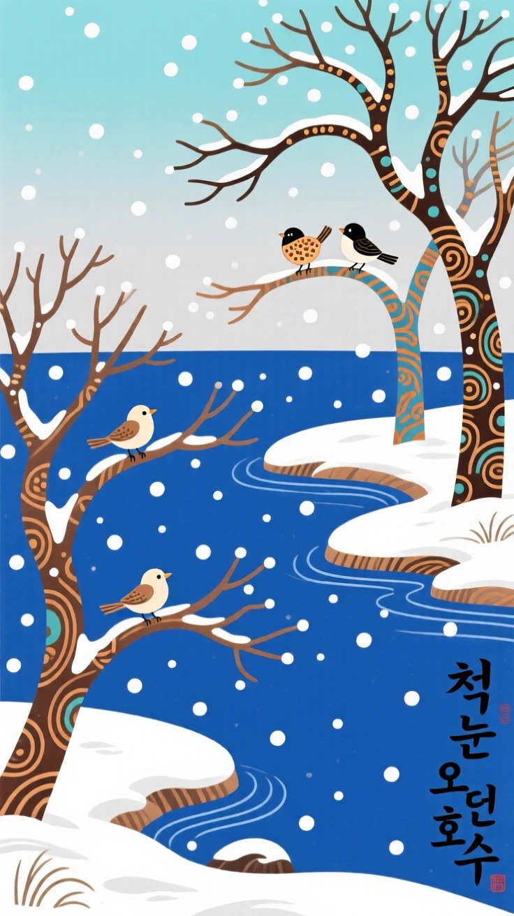 A still lake, during the first snow of winter.
