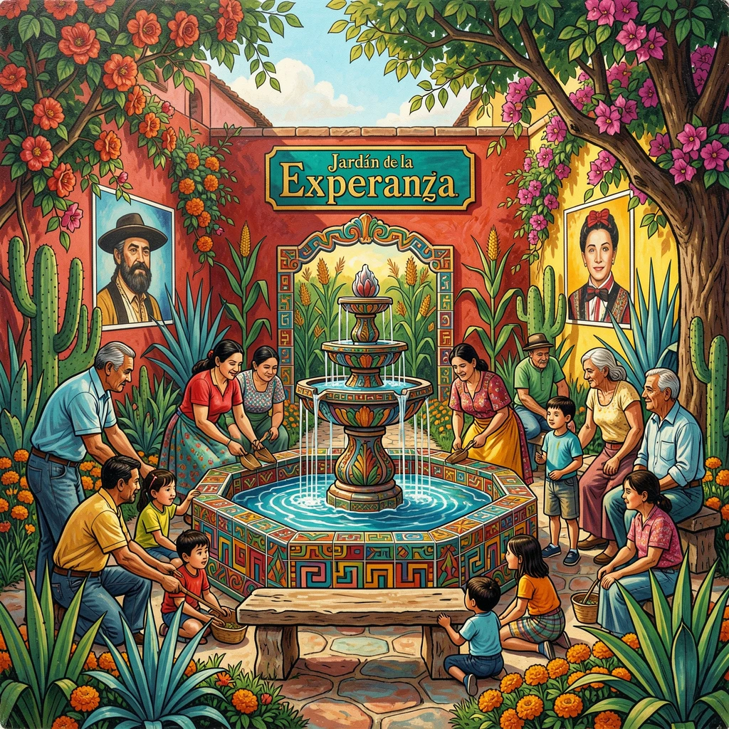A courtyard garden with a mosaic tile fountain