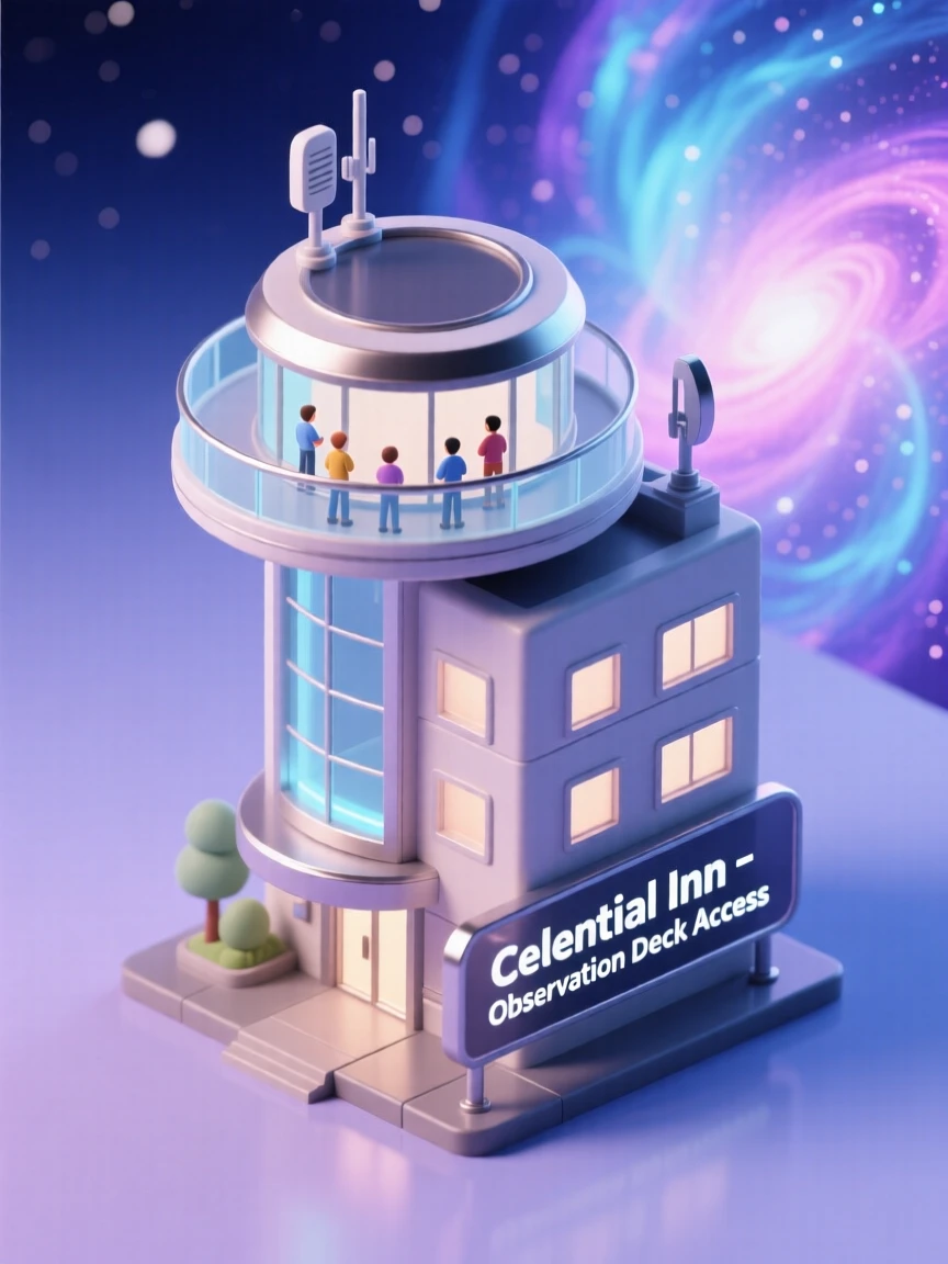 A space hotel with a rotating observation deck offering guests a sweeping view of a nearby nebula.