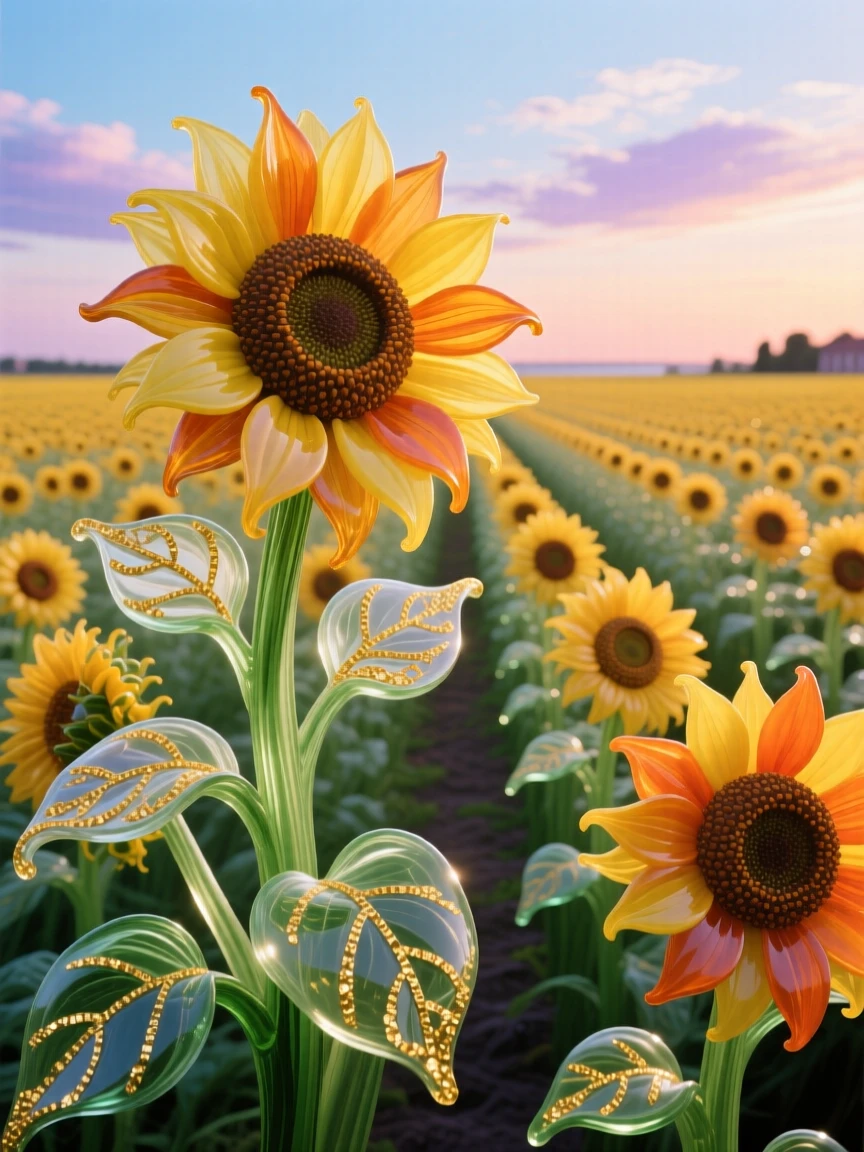 A field of blooming sunflowers arranged in perfect rows beneath a fading summer sky, cheerful and radiant.