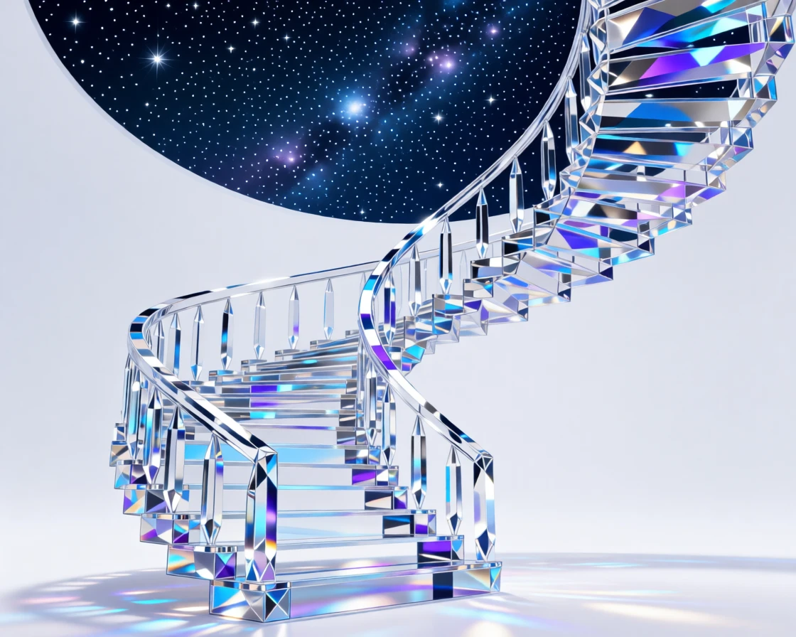 A surreal staircase spiraling infinitely upward into a starlit sky.