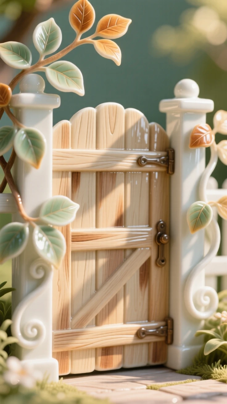 A cozy summer moment: leaves swirling around a rustic wooden gate, bathed in soft seasonal light.