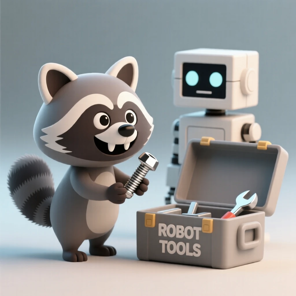 A mischievous space raccoon steals a shiny bolt from a robot's toolbox, grinning with two front teeth.