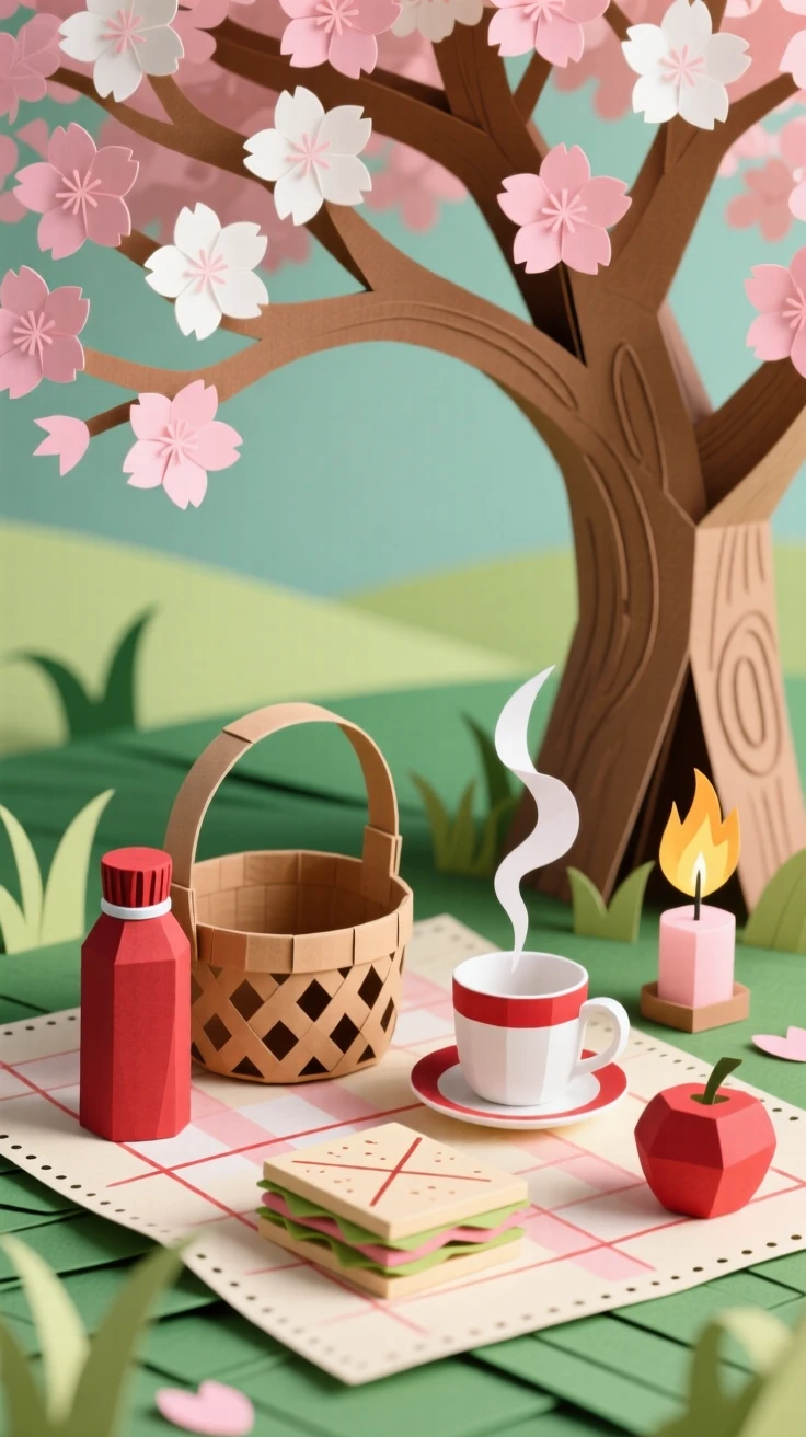 A picnic spread beneath a blossoming tree lit softly by flickering candlelight, with steam rising gently from a warm drink, evoking cozy domestic warmth.