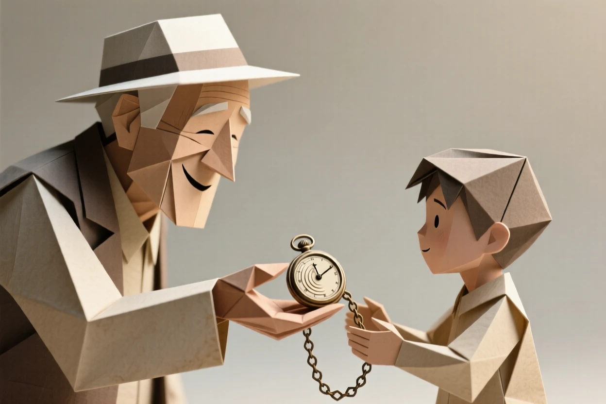 A grandfather passing down his old pocket watch to his grandson with a proud smile.