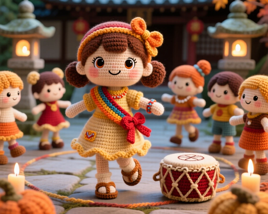 a little girl wearing a festival ribbon sash, for a harvest dance, is shown twirling joyfully in a circle of friends in a quiet temple courtyard glowing with candlelight beside a small drum resting nearby, capturing bright, celebratory warmth.