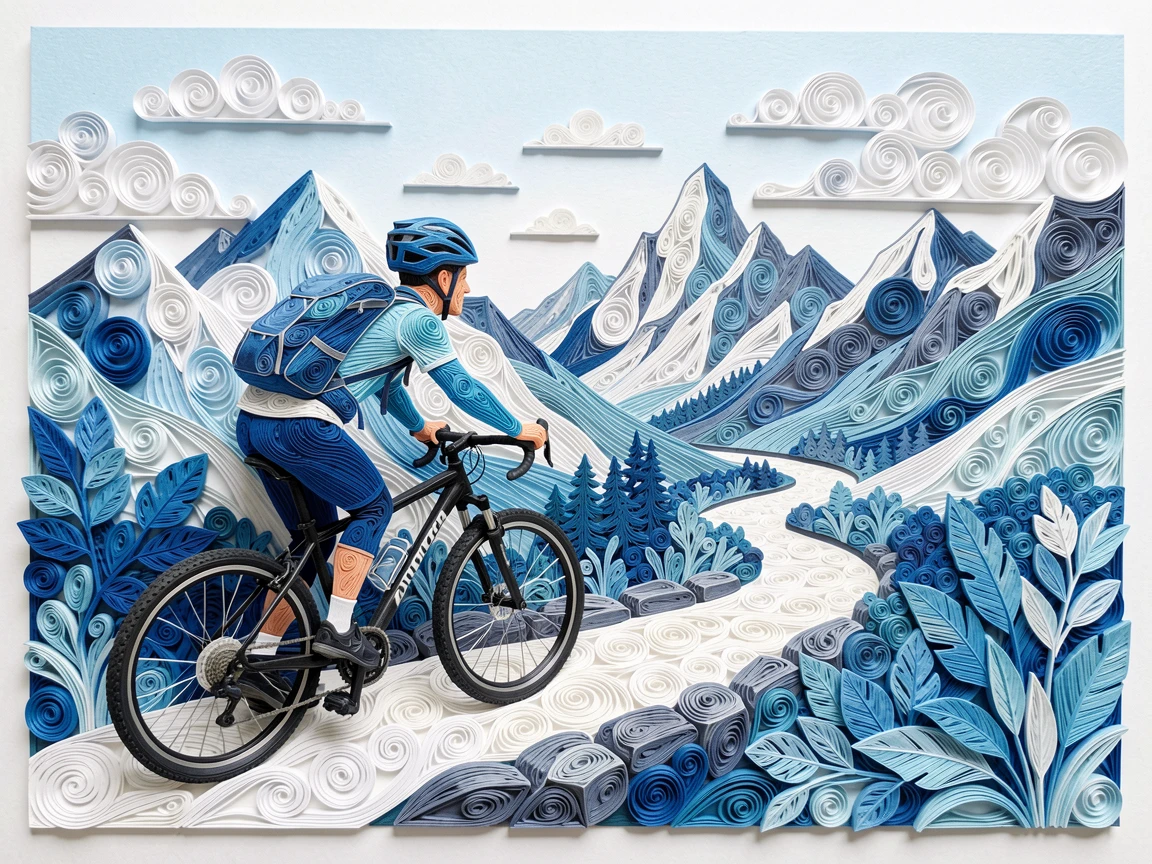 a cyclist pausing to admire a mountain vista, along a scenic mountain hiking trail, framed from a casual eye-level perspective, in bright, clean tones of blue and white.