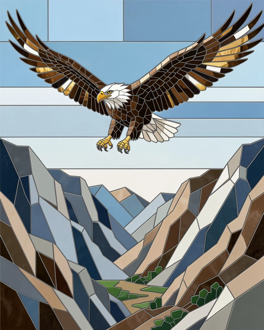 A bald eagle soaring above a rugged mountain valley.
