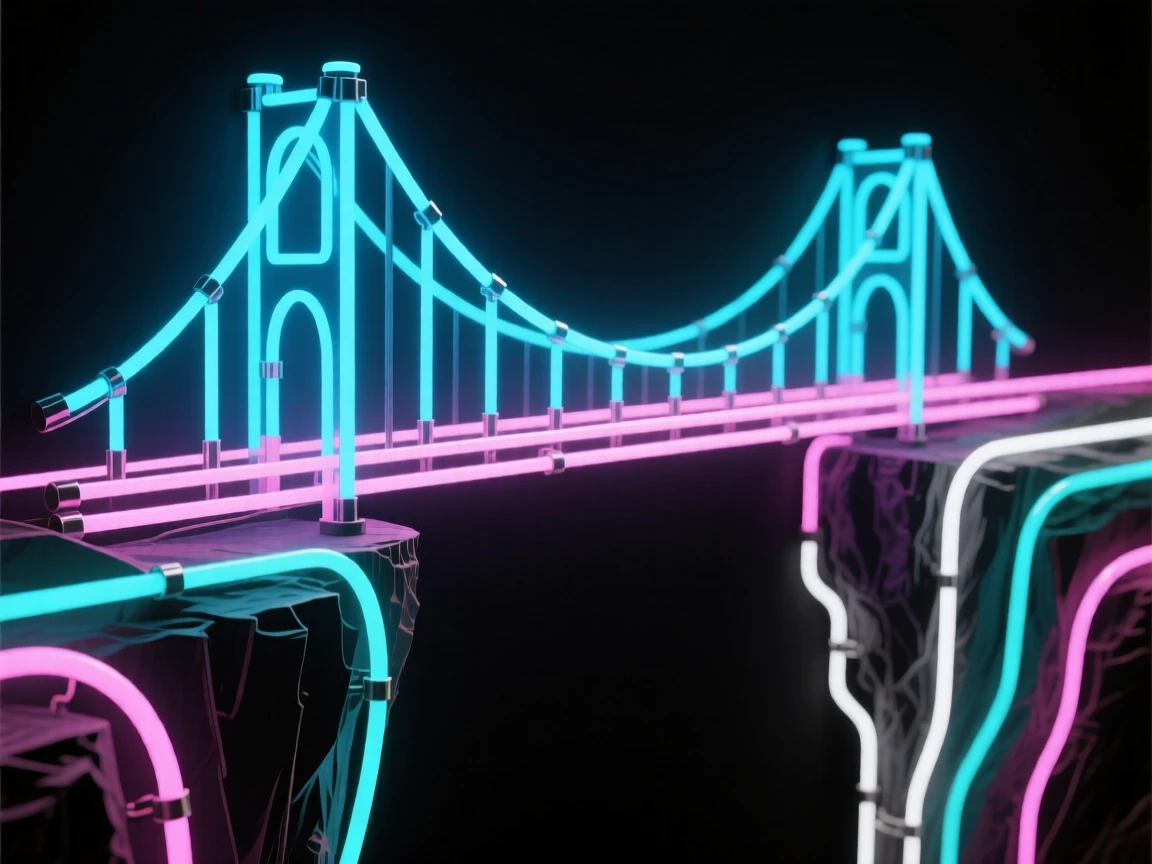 A bridge made of light connecting two floating cliffs.