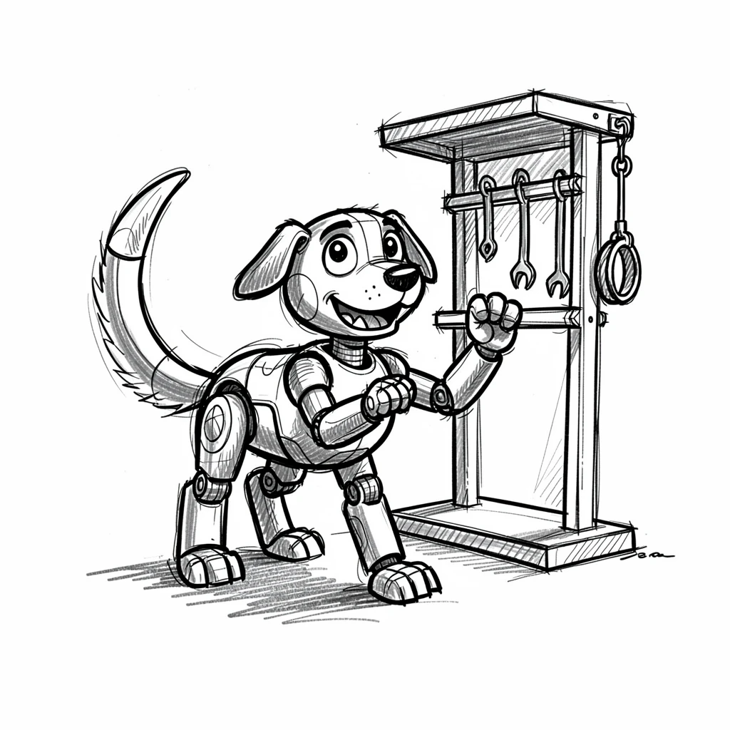A robot dog wagging a metal tail beside a bicycle repair stand.