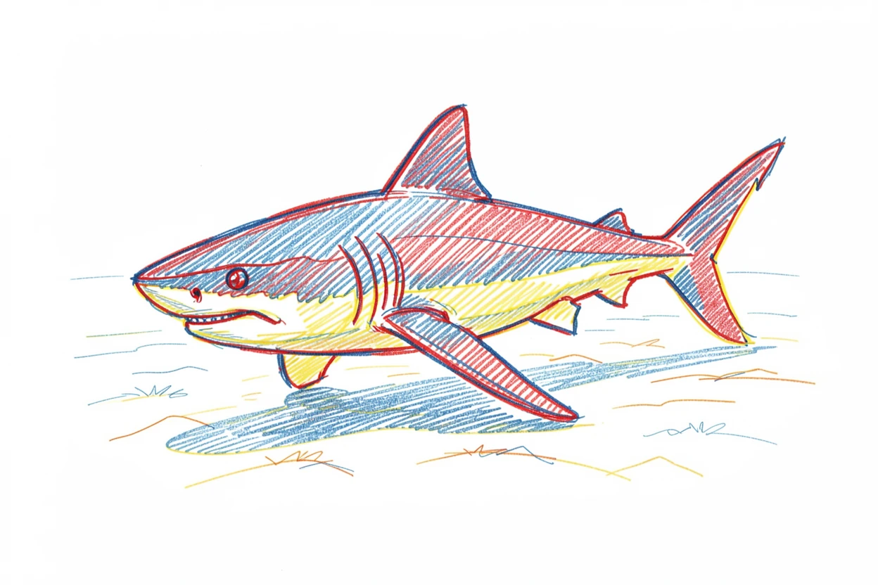 A colorful reef shark gliding low over a sandy lagoon floor