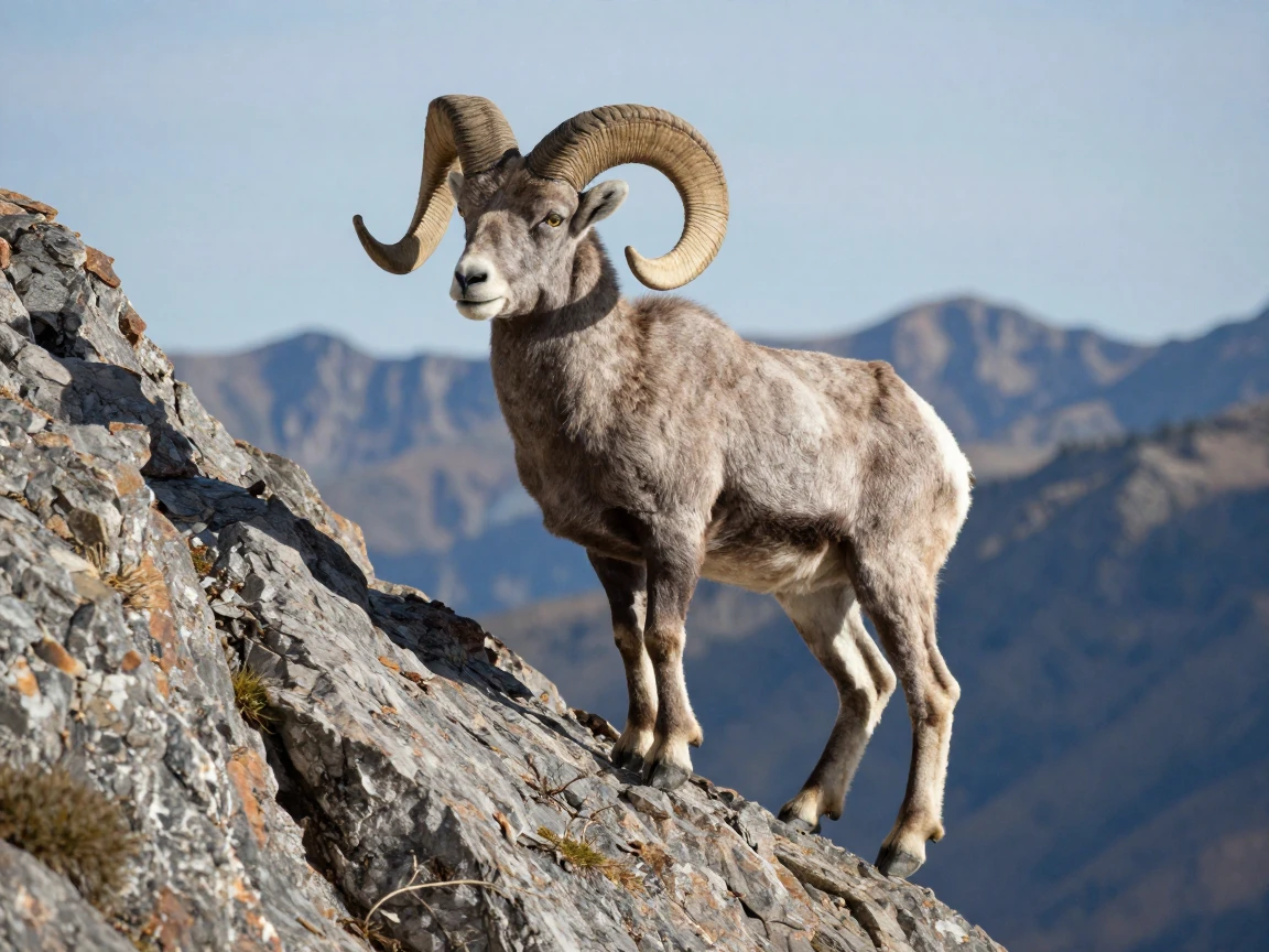 A bighorn sheep balancing on a rocky mountain ledge