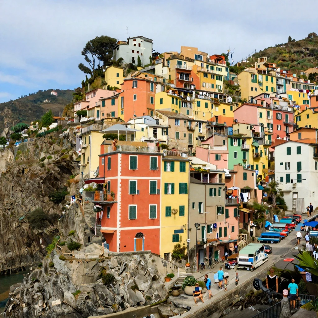 A cliffside town of colorful houses seems to grow directly from the rock.