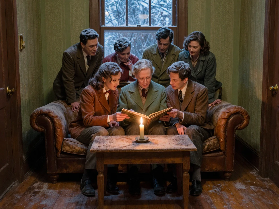 Old classmates flipping through a photo album on a couch, under flickering candlelight, with frost coating every surface, under the first snow of winter, with muted olive and rust colors, framed symmetrically down a long corridor.