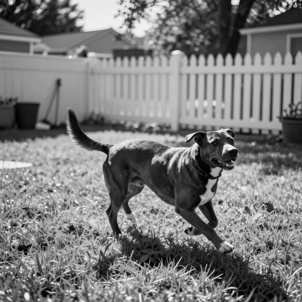 A family dog chases its tail in delighted circles on a sunny backyard lawn.