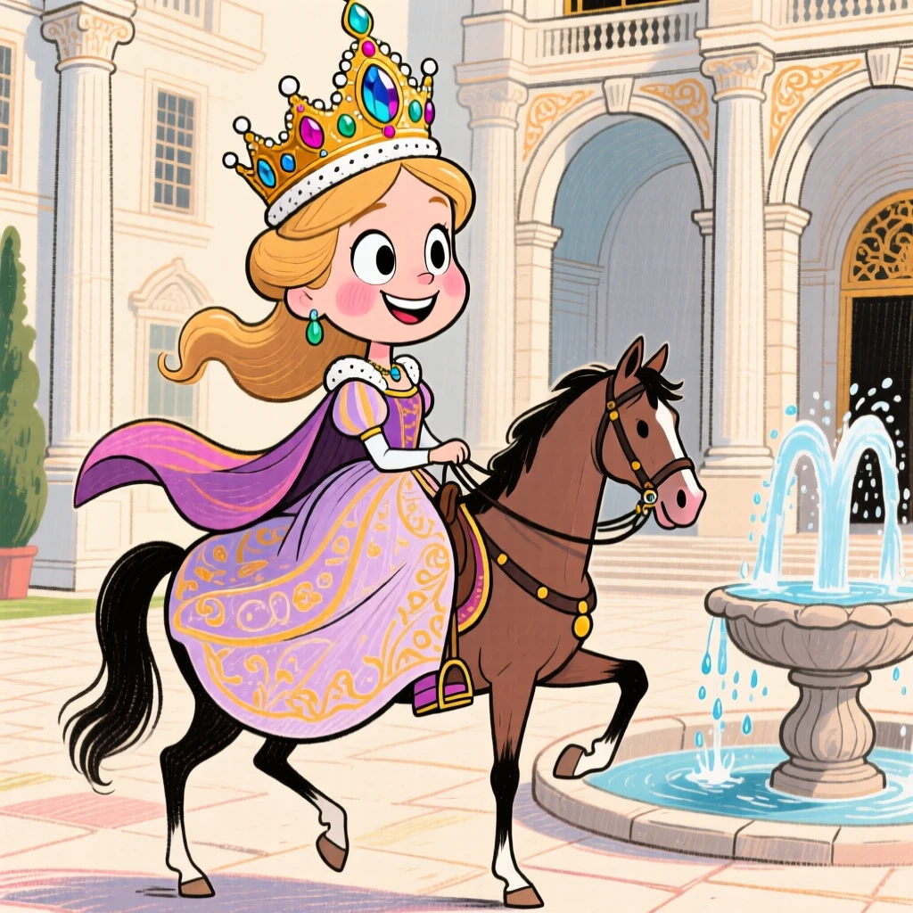 A royal princess riding sidesaddle through a grand palace courtyard.