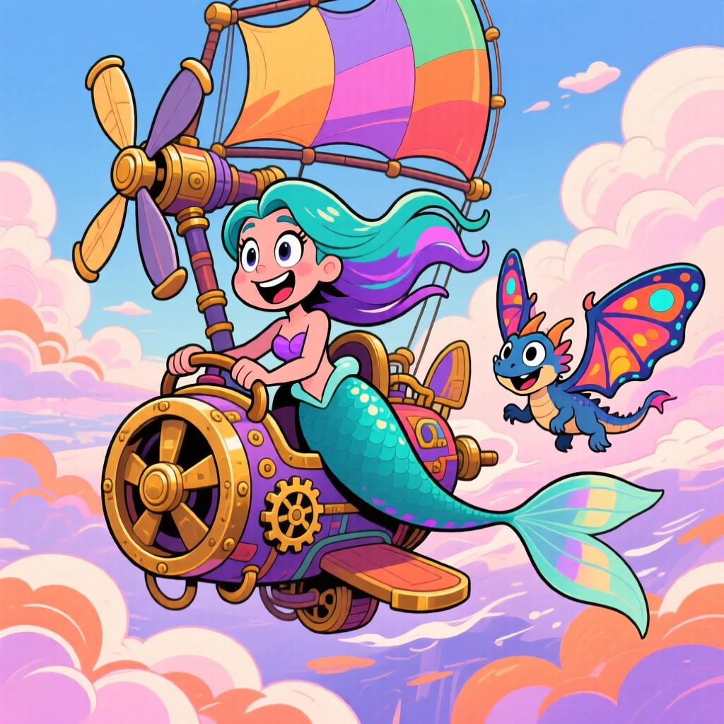 An imaginative fantasy scene of a curious mermaid piloting a fantastical flying machine through the clouds, with a loyal companion creature close behind.
