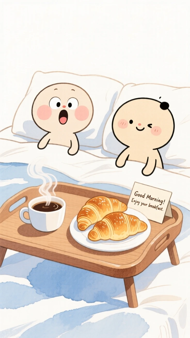 A cozy, appetizing, bright and cheerful scene of a cozy breakfast tray with coffee and croissants in bed